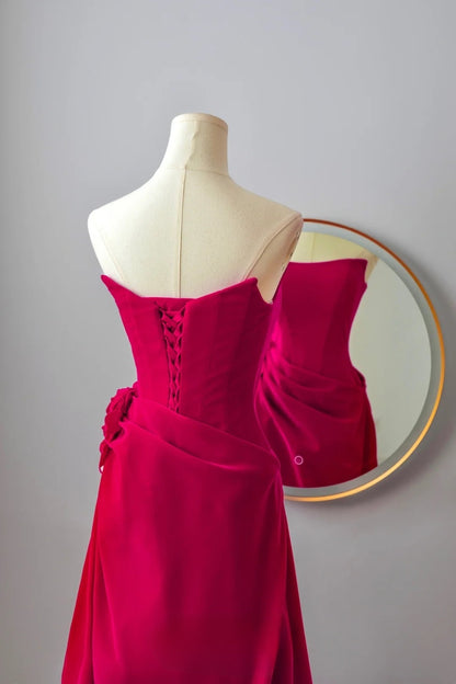 Classy Mermaid Strapless Hot Pink Satin Floor Length Prom Dresses Formal Dress Birthday Outfits Prom Gown AU066