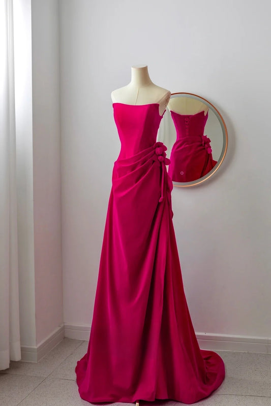 Classy Mermaid Strapless Hot Pink Satin Floor Length Prom Dresses Formal Dress Birthday Outfits Prom Gown AU066