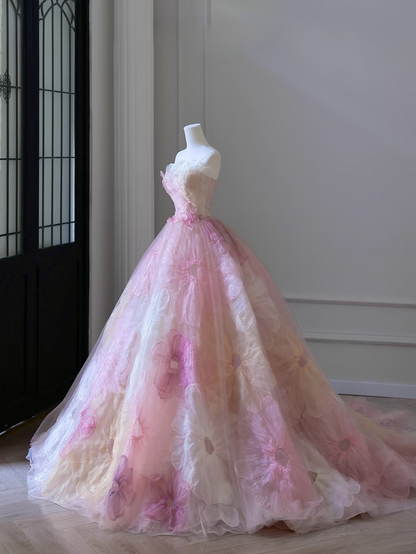 Sweet Strapless Ball Gown Strapless Floral Lace Long Quinceanera Dress Gorgeous Prom Dresses Sweet 15 16 Dress AU067