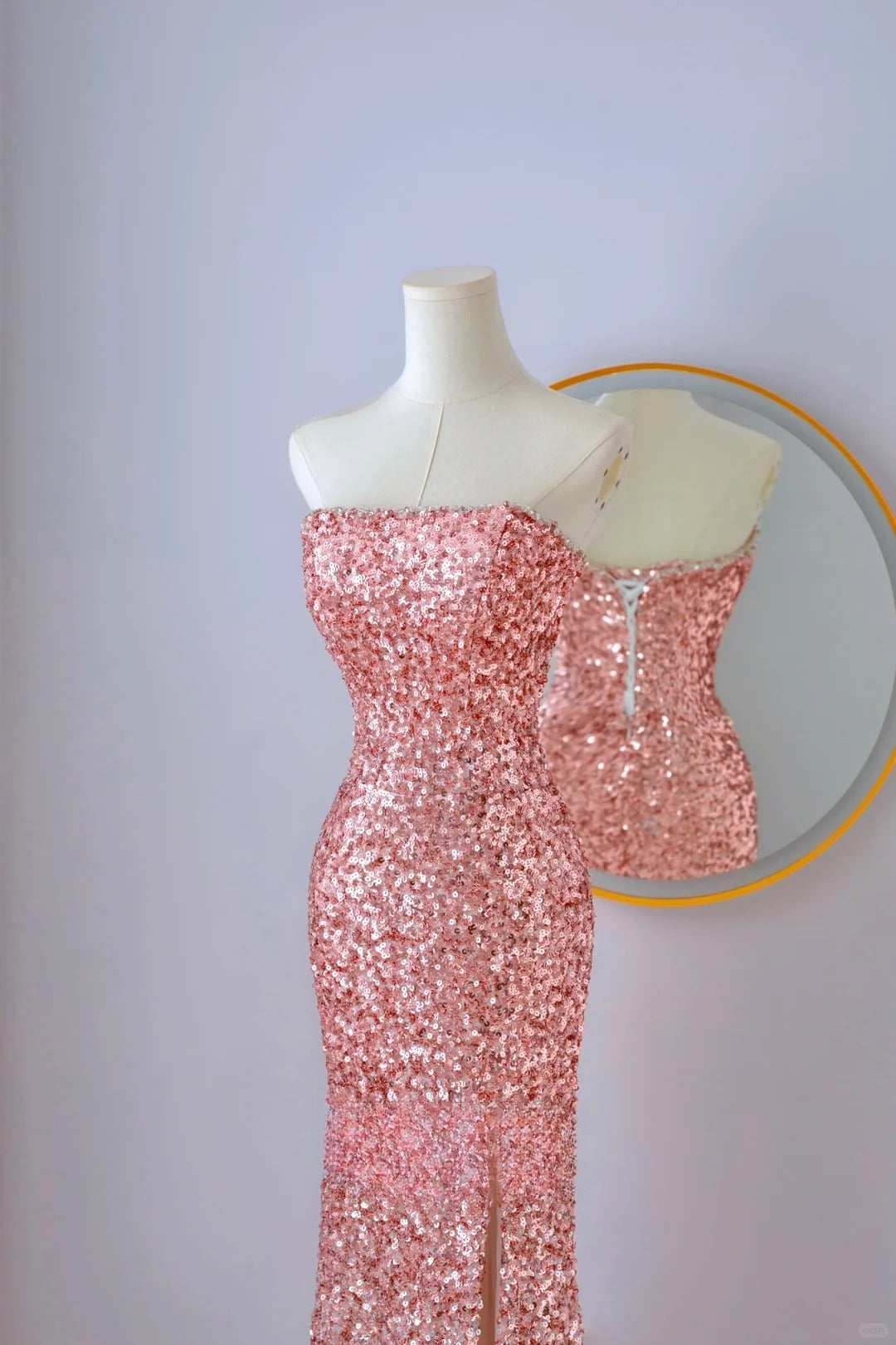Classy Mermaid Strapless Pink Sequin Floor Length Slit Prom Dresses Formal Dress Birthday Outfits Prom Gown AU067