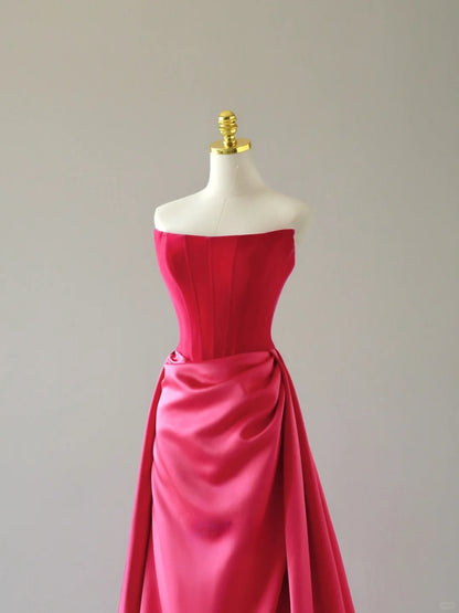 Robe de bal sirène bustier rose fuchsia en satin sans manches, robe longue de bal AU067