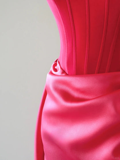 Robe de bal sirène bustier rose fuchsia en satin sans manches, robe longue de bal AU067