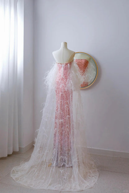 Classy Mermaid Strapless Pink Sequin Floor Length Slit Prom Dresses Formal Dress Birthday Outfits Prom Gown AU067