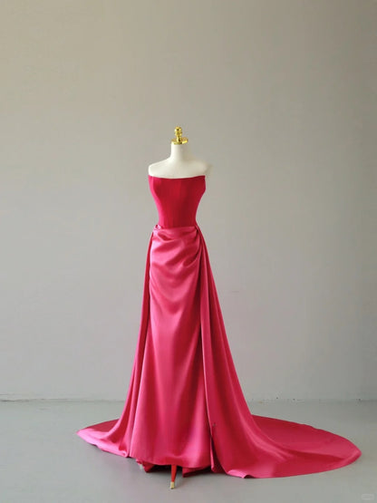 Robe de bal sirène bustier rose fuchsia en satin sans manches, robe longue de bal AU067