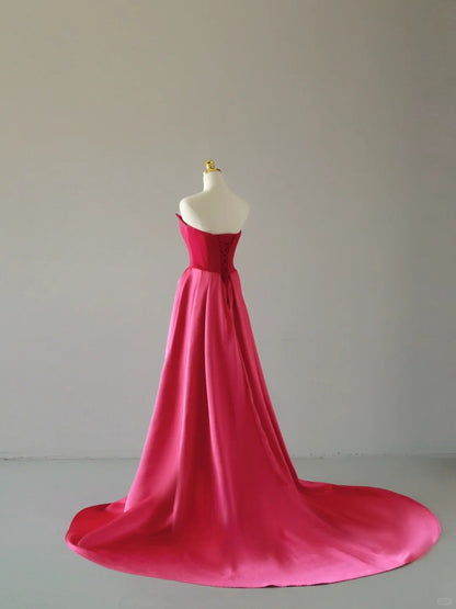 Robe de bal sirène bustier rose fuchsia en satin sans manches, robe longue de bal AU067