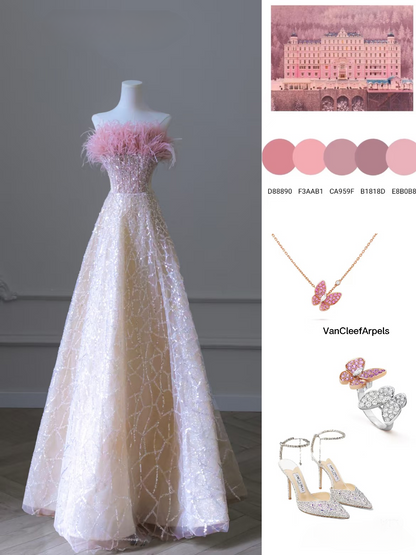 Klassisches, trägerloses, langes Ballkleid in A-Linie mit Pailletten in Rosa, Inspiration, trendige Ballkleider, formelles Ballkleid AU069