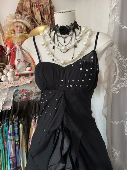 Vintage Prom Dresses 90s Ball Mermaid Spaghetti Straps Black Chiffon Long Party Dress Evening Dresses AU069