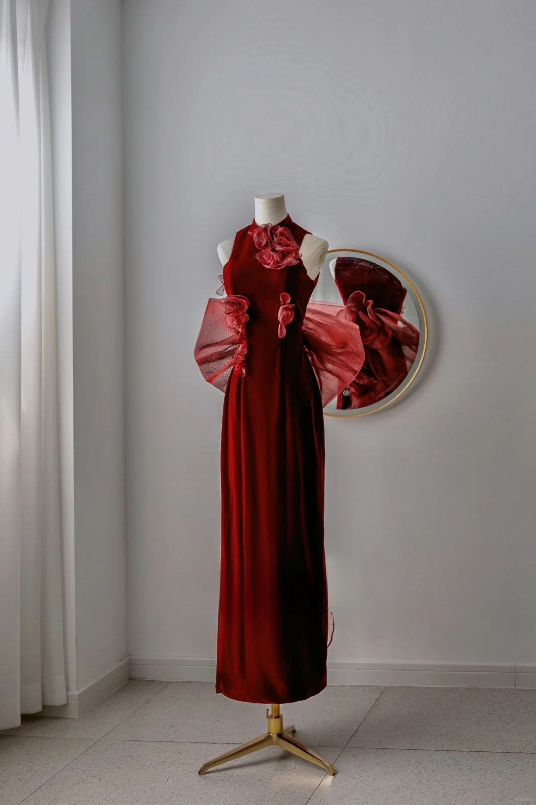 Robe de bal élégante en velours bordeaux, col haut, style sirène, tenue d'anniversaire, AU069