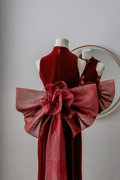 Robe de bal élégante en velours bordeaux, col haut, style sirène, tenue d'anniversaire, AU069