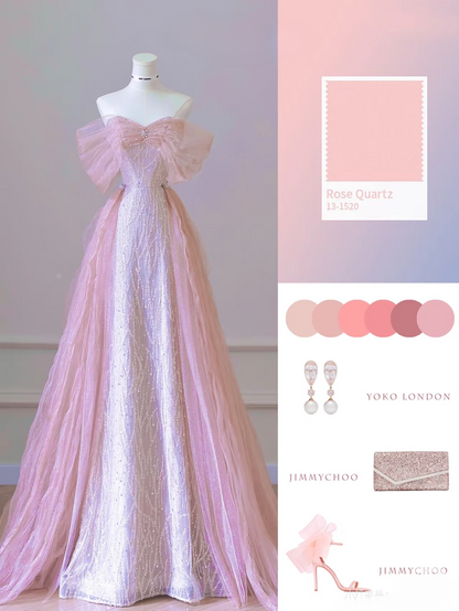Magnifique robe de bal rose à sequins, coupe trapèze, épaules dénudées, inspiration robe de princesse pour remise de diplôme AB004