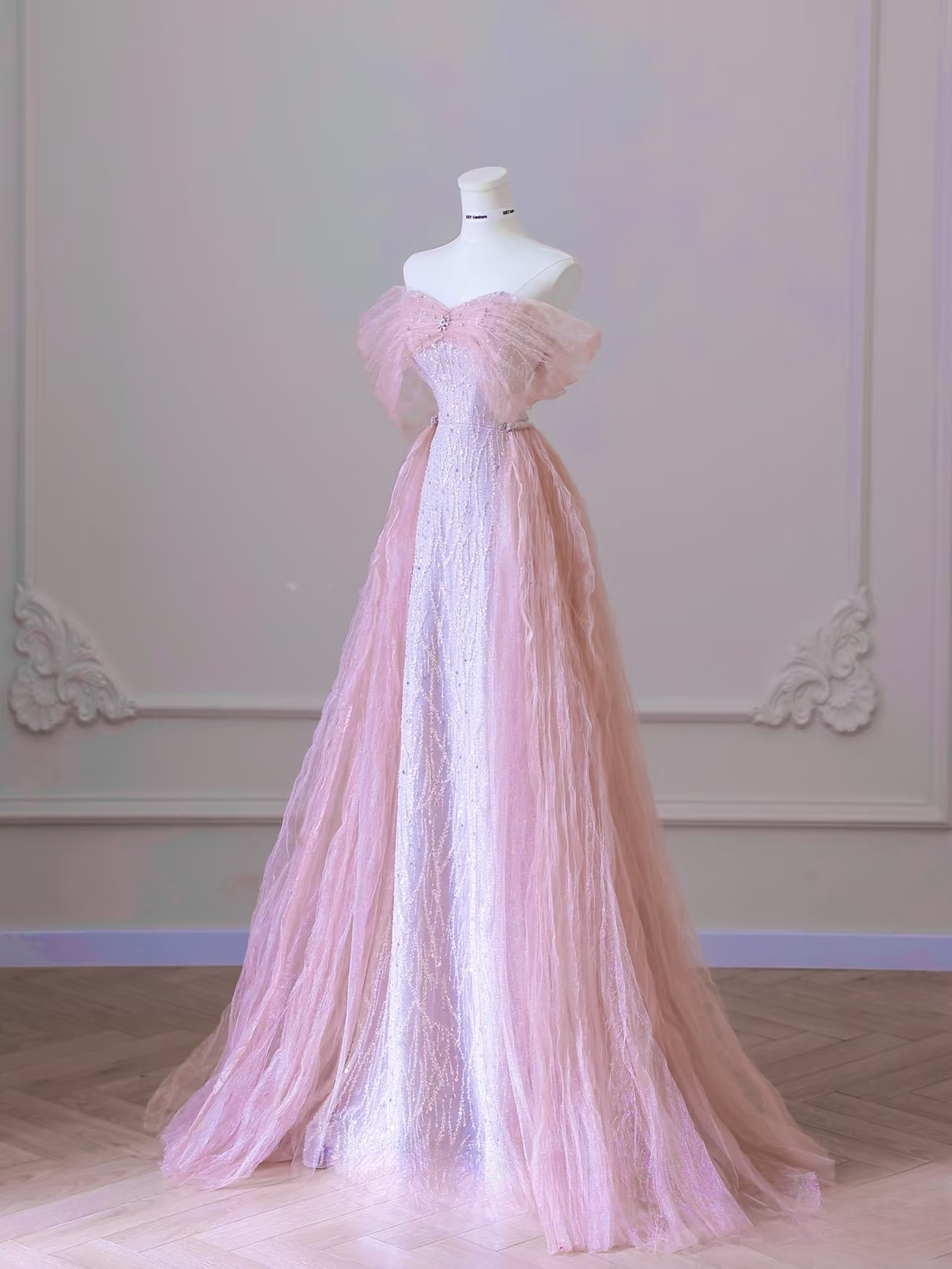 Magnifique robe de bal rose à sequins, coupe trapèze, épaules dénudées, inspiration robe de princesse pour remise de diplôme AB004