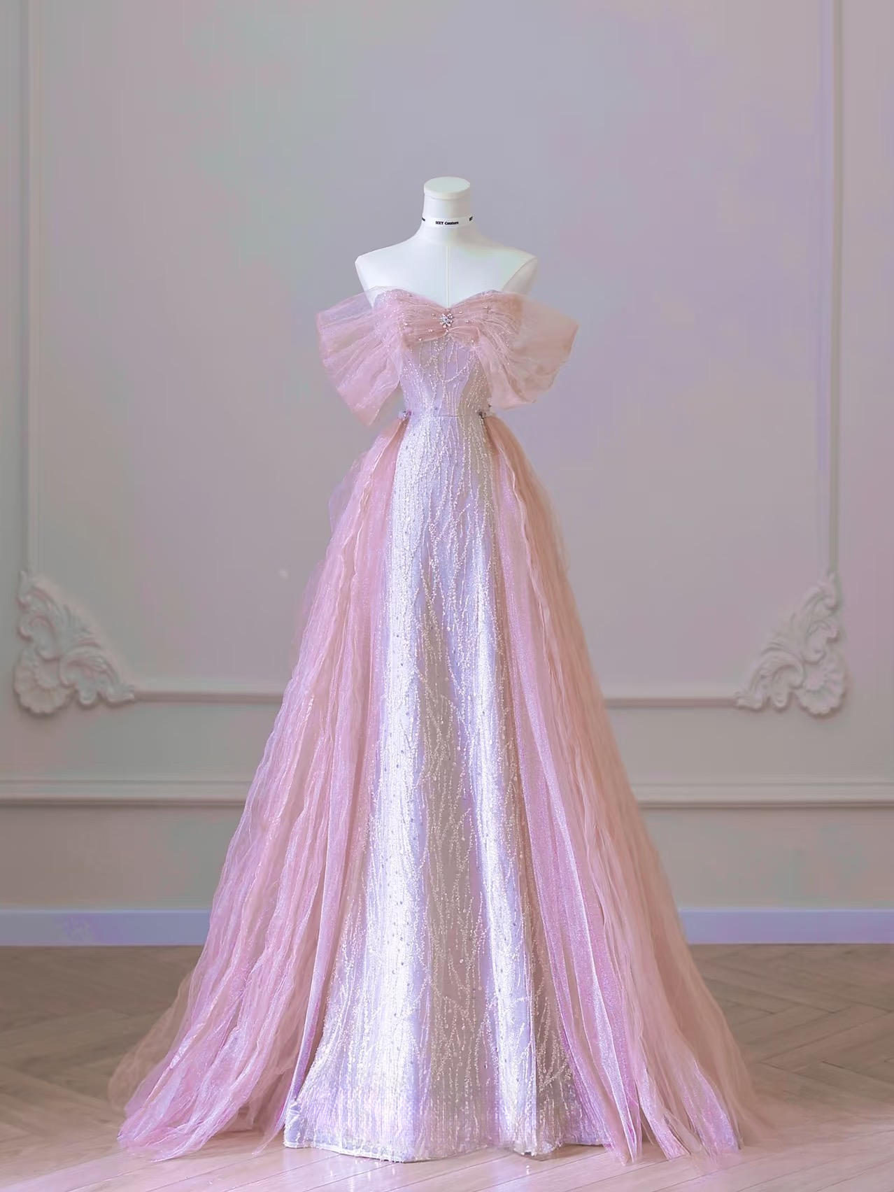 Magnifique robe de bal rose à sequins, coupe trapèze, épaules dénudées, inspiration robe de princesse pour remise de diplôme AB004
