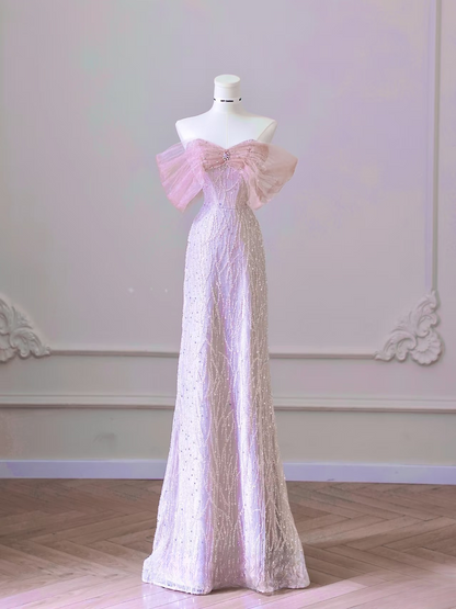 Magnifique robe de bal rose à sequins, coupe trapèze, épaules dénudées, inspiration robe de princesse pour remise de diplôme AB004