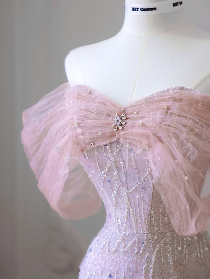 Magnifique robe de bal rose à sequins, coupe trapèze, épaules dénudées, inspiration robe de princesse pour remise de diplôme AB004