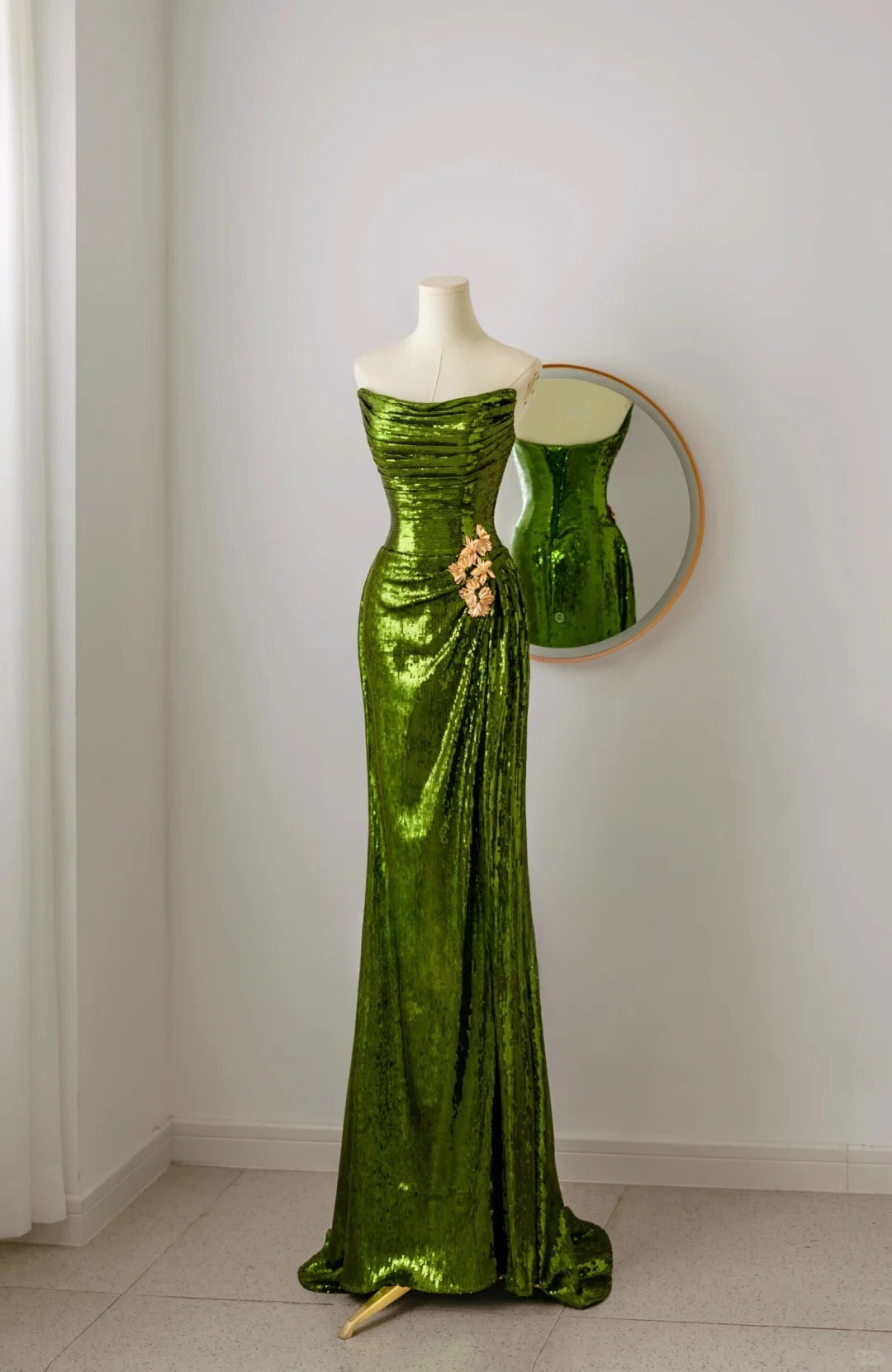 Robe de bal sirène unique sans bretelles à paillettes vertes, longue robe de soirée pour 20e anniversaire, tenue de soirée, AU071
