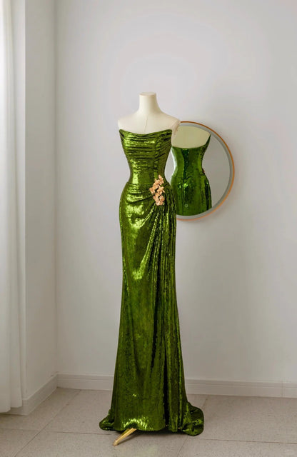 Robe de bal sirène unique sans bretelles à paillettes vertes, longue robe de soirée pour 20e anniversaire, tenue de soirée, AU071