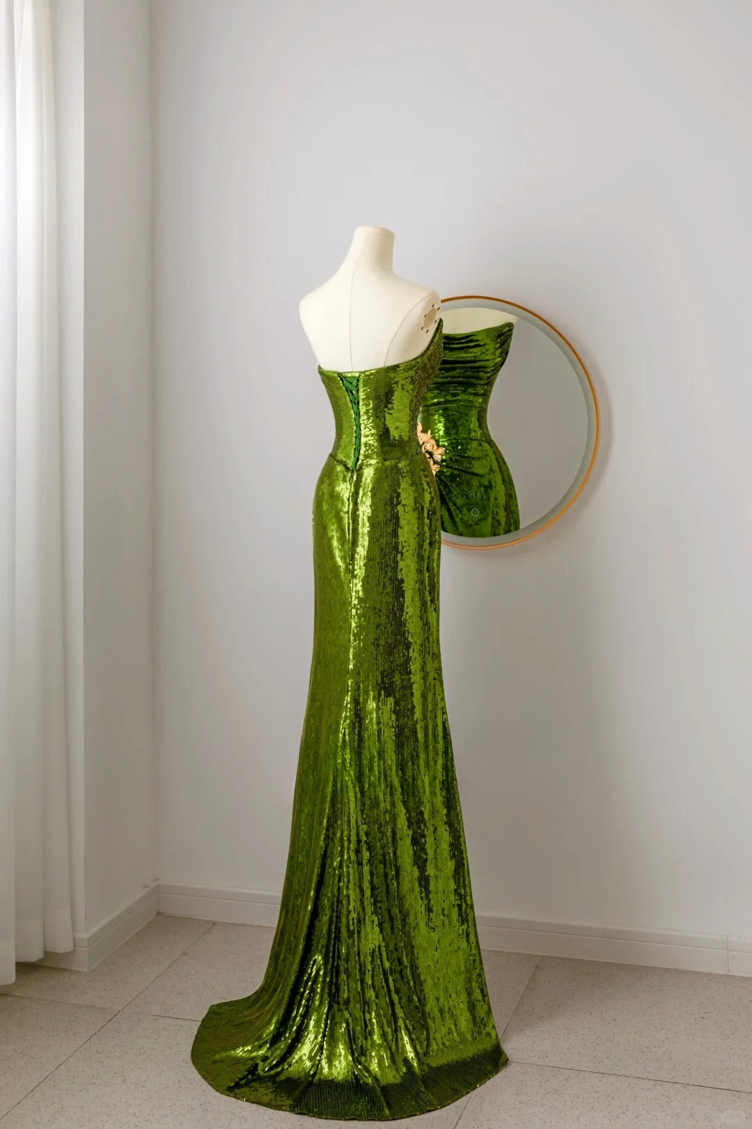 Robe de bal sirène unique sans bretelles à paillettes vertes, longue robe de soirée pour 20e anniversaire, tenue de soirée, AU071