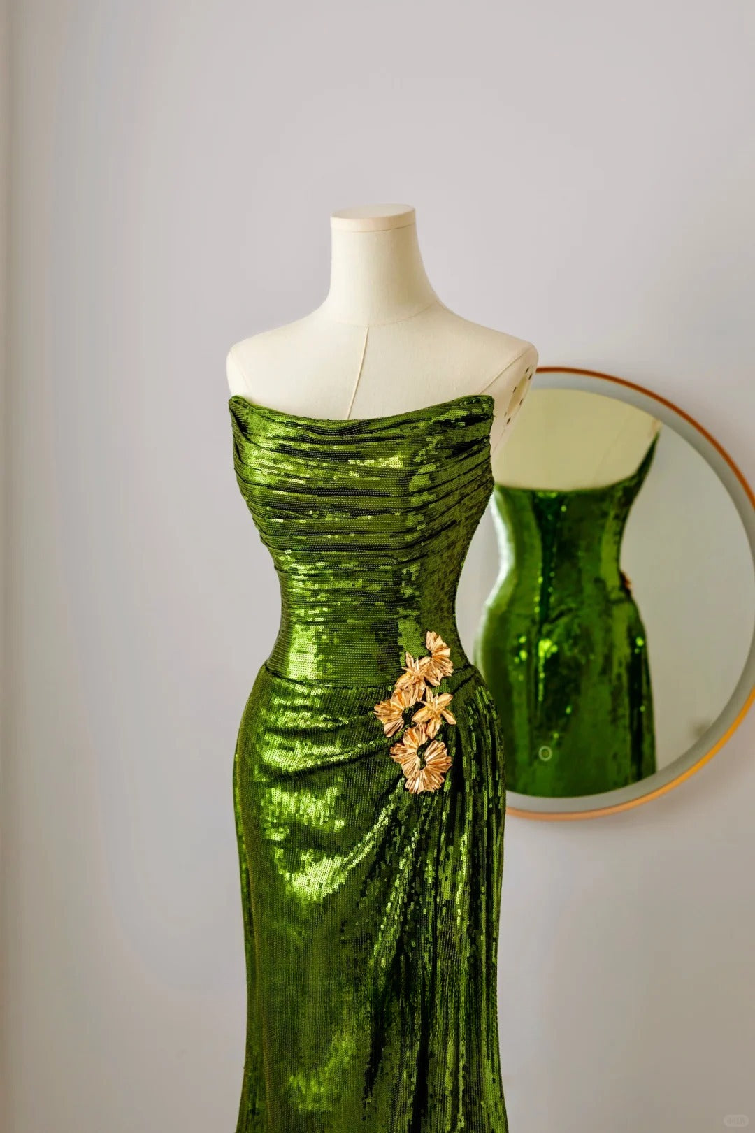 Robe de bal sirène unique sans bretelles à paillettes vertes, longue robe de soirée pour 20e anniversaire, tenue de soirée, AU071