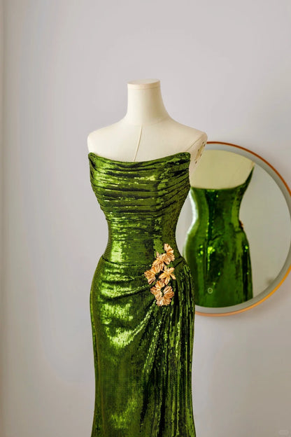 Robe de bal sirène unique sans bretelles à paillettes vertes, longue robe de soirée pour 20e anniversaire, tenue de soirée, AU071
