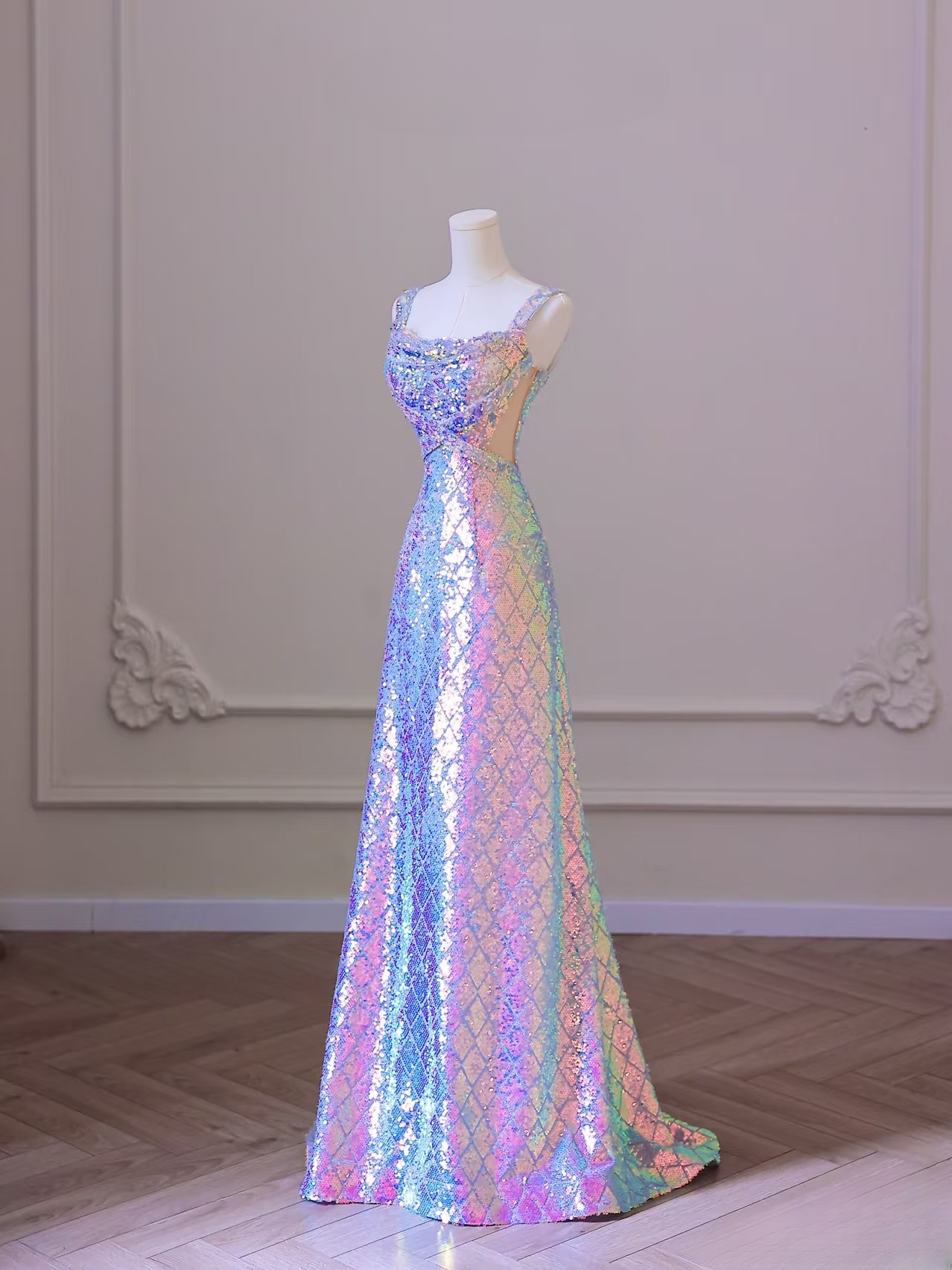 Elegant Mermaid Square Neck Sleeveless Sequin Long Floor Length Prom Dress Inspiration Prom Dresses AU073