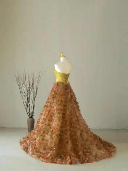 Beautiful Ball Gown Sweetheart Gold Long Prom Dresses Pleated Prom Gowns AU052