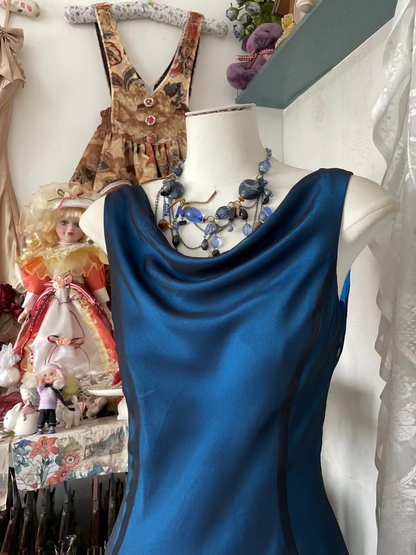 Vintage Prom Dresses 90s Ball Mermaid Cowl Neck Navy Blue Silk Satin Long Party Dress Evening Dresses AU073