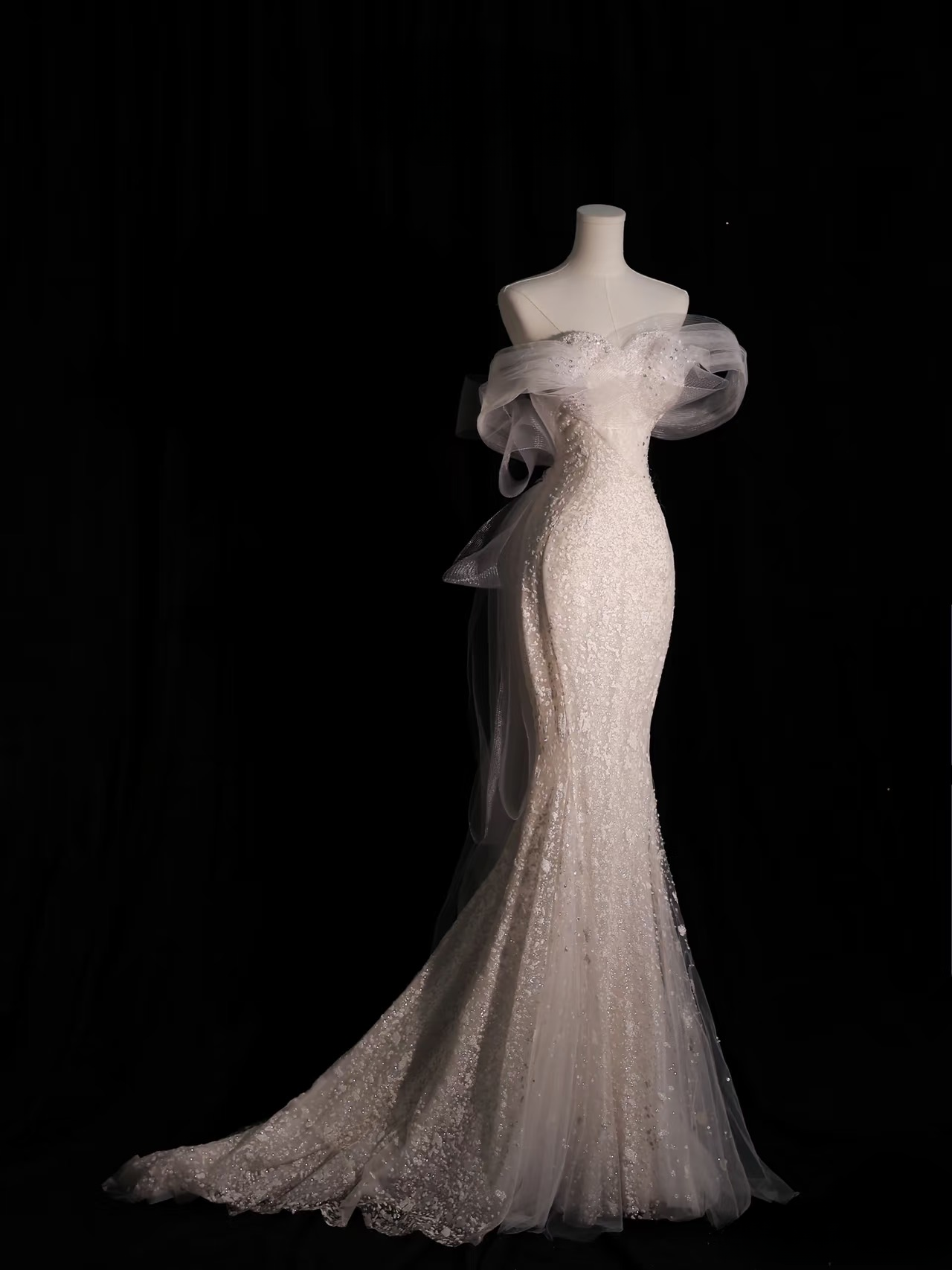 Robe de mariée longue blanche à paillettes, épaules dénudées, style sirène, tenue de soirée féerique, AU075
