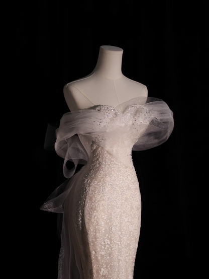 Robe de mariée longue blanche à paillettes, épaules dénudées, style sirène, tenue de soirée féerique, AU075