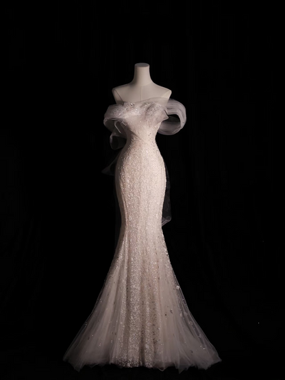Robe de mariée longue blanche à paillettes, épaules dénudées, style sirène, tenue de soirée féerique, AU075