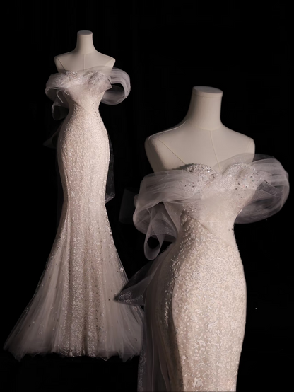 Robe de mariée longue blanche à paillettes, épaules dénudées, style sirène, tenue de soirée féerique, AU075