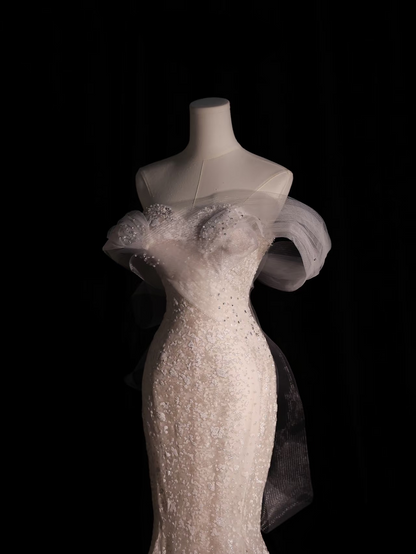 Robe de mariée longue blanche à paillettes, épaules dénudées, style sirène, tenue de soirée féerique, AU075