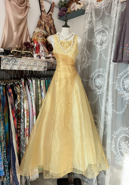 Vintage Prom Dresses 1950s Formal Retro Classy A line Square Neck Yellow Tulle Evening Dress Long Prom Party Gown AU075