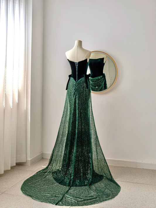 Unique Mermaid Strapless Dark Green Sequin Prom Dresses Long Party Dress 20th Birthday Outfits Formal Gown AU077
