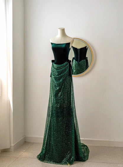 Unique Mermaid Strapless Dark Green Sequin Prom Dresses Long Party Dress 20th Birthday Outfits Formal Gown AU077