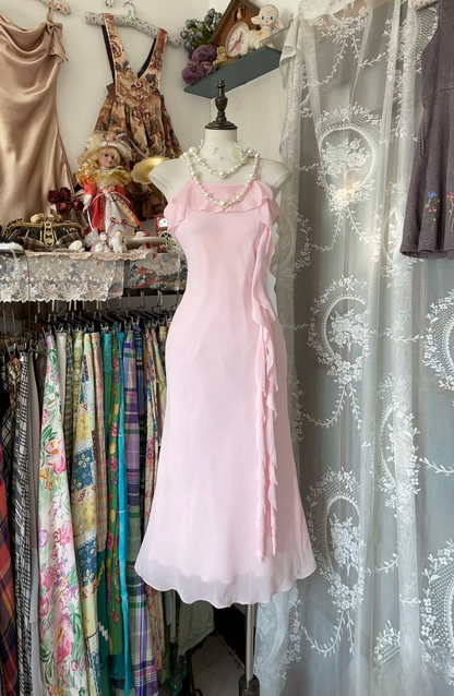 Vintage Prom Dresses 1950s Formal Retro Classy Sheath Spaghetti Straps Chiffon Pink Evening Dress Prom Party Gown AU077