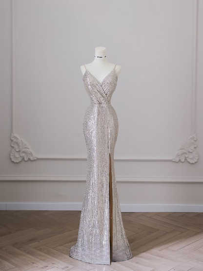 Classy Mermaid Spaghetti Straps Sequin Slit Long Prom Dresses Inspiration Trending Prom Gowns Prom Dress AU078