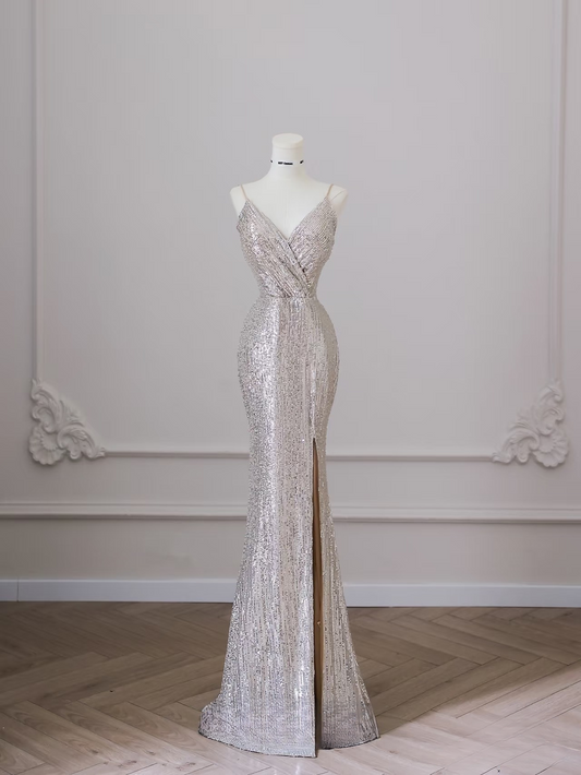 Classy Mermaid Spaghetti Straps Sequin Slit Long Prom Dresses Inspiration Trending Prom Gowns Prom Dress AU078