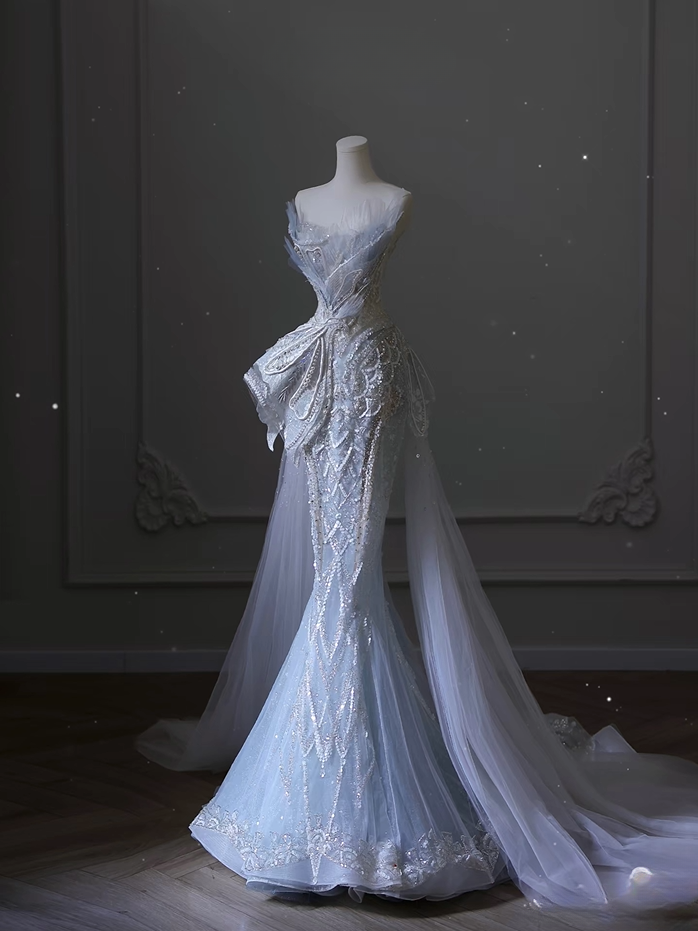 Dreamy Mermaid Sweetheart Light Sky Blue Sequin Lace Long Wedding Dress Fairy Formal Wedding Dresses AU079