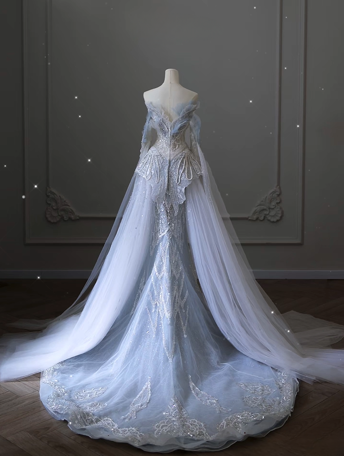 Dreamy Mermaid Sweetheart Light Sky Blue Sequin Lace Long Wedding Dress Fairy Formal Wedding Dresses AU079