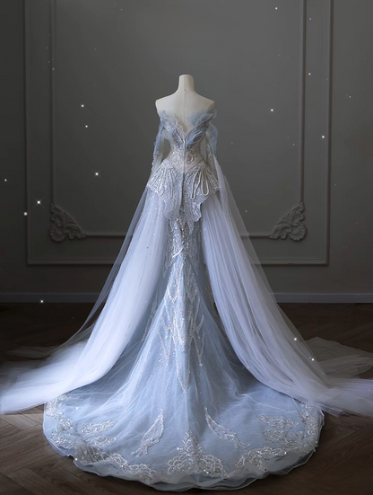 Dreamy Mermaid Sweetheart Light Sky Blue Sequin Lace Long Wedding Dress Fairy Formal Wedding Dresses AU079