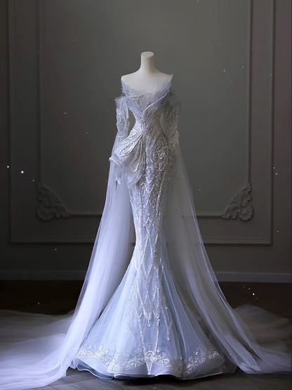 Dreamy Mermaid Sweetheart Light Sky Blue Sequin Lace Long Wedding Dress Fairy Formal Wedding Dresses AU079