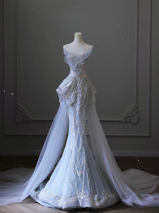 Dreamy Mermaid Sweetheart Light Sky Blue Sequin Lace Long Wedding Dress Fairy Formal Wedding Dresses AU079