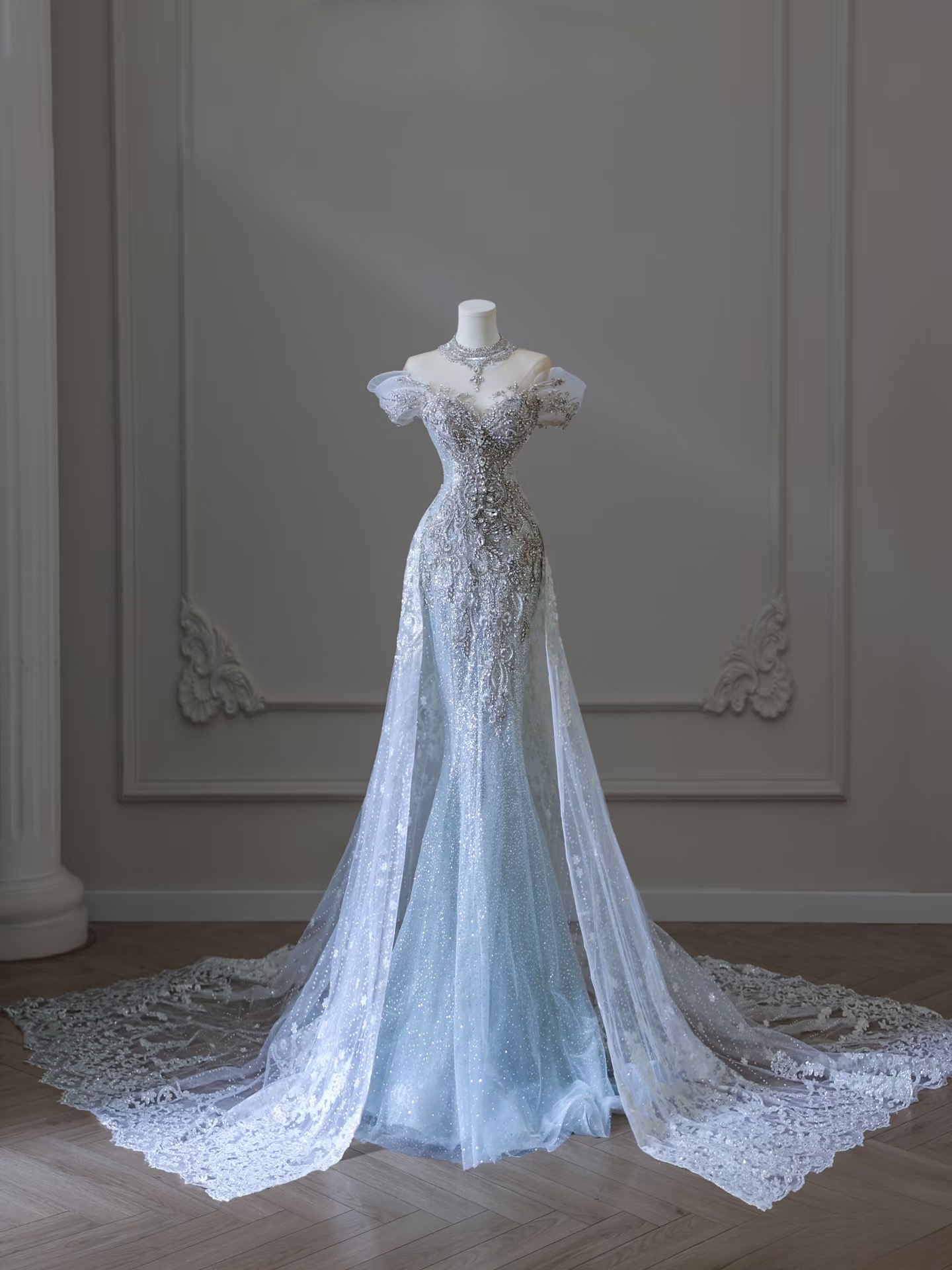 Dreamy Mermaid Off The Shoulder Light Sky Blue Sequin Lace Long Wedding Dress Fairy Formal Wedding Dresses AU080