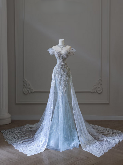Dreamy Mermaid Off The Shoulder Light Sky Blue Sequin Lace Long Wedding Dress Fairy Formal Wedding Dresses AU080