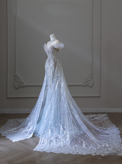 Dreamy Mermaid Off The Shoulder Light Sky Blue Sequin Lace Long Wedding Dress Fairy Formal Wedding Dresses AU080