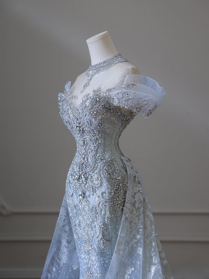 Dreamy Mermaid Off The Shoulder Light Sky Blue Sequin Lace Long Wedding Dress Fairy Formal Wedding Dresses AU080