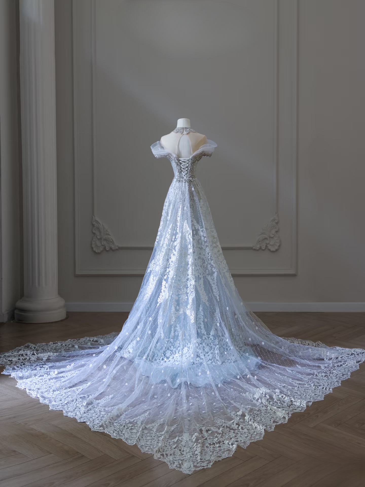 Dreamy Mermaid Off The Shoulder Light Sky Blue Sequin Lace Long Wedding Dress Fairy Formal Wedding Dresses AU080