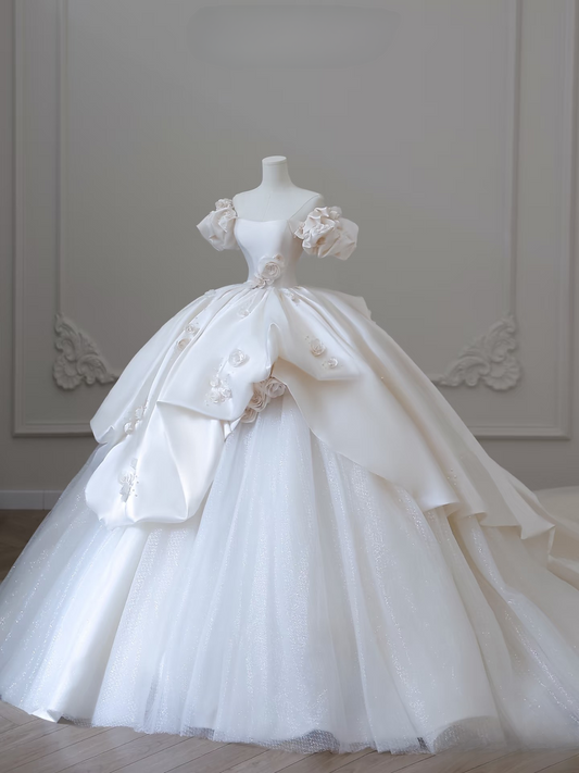 Dreamy Ball Gown Off The Shoulder Satin Short Sleeves White Long Flowers Wedding Dress Fairy Formal Wedding Dresses AU082