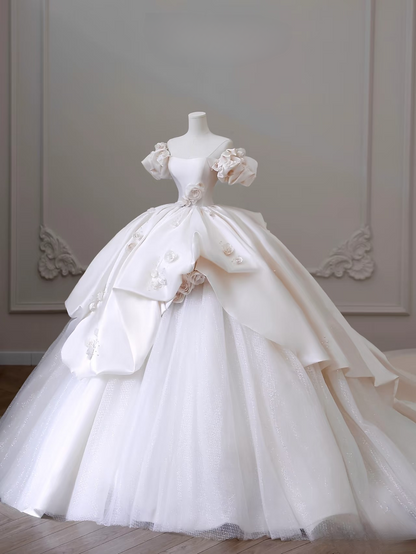Verträumtes Ballkleid aus der Schulter Satin mit kurzen Ärmeln weiß lange Blumen Brautkleid Fee formale Brautkleider AU082