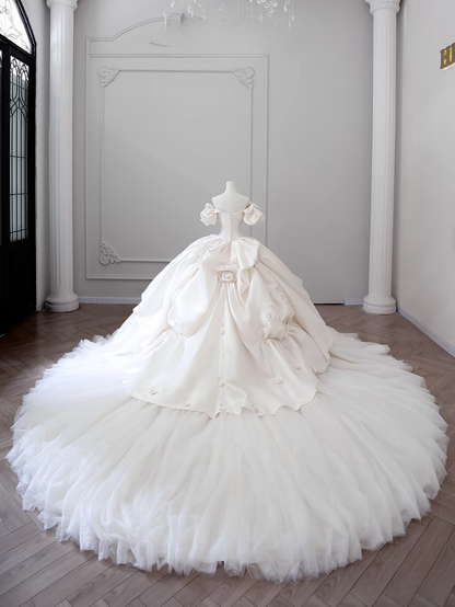 Verträumtes Ballkleid aus der Schulter Satin mit kurzen Ärmeln weiß lange Blumen Brautkleid Fee formale Brautkleider AU082